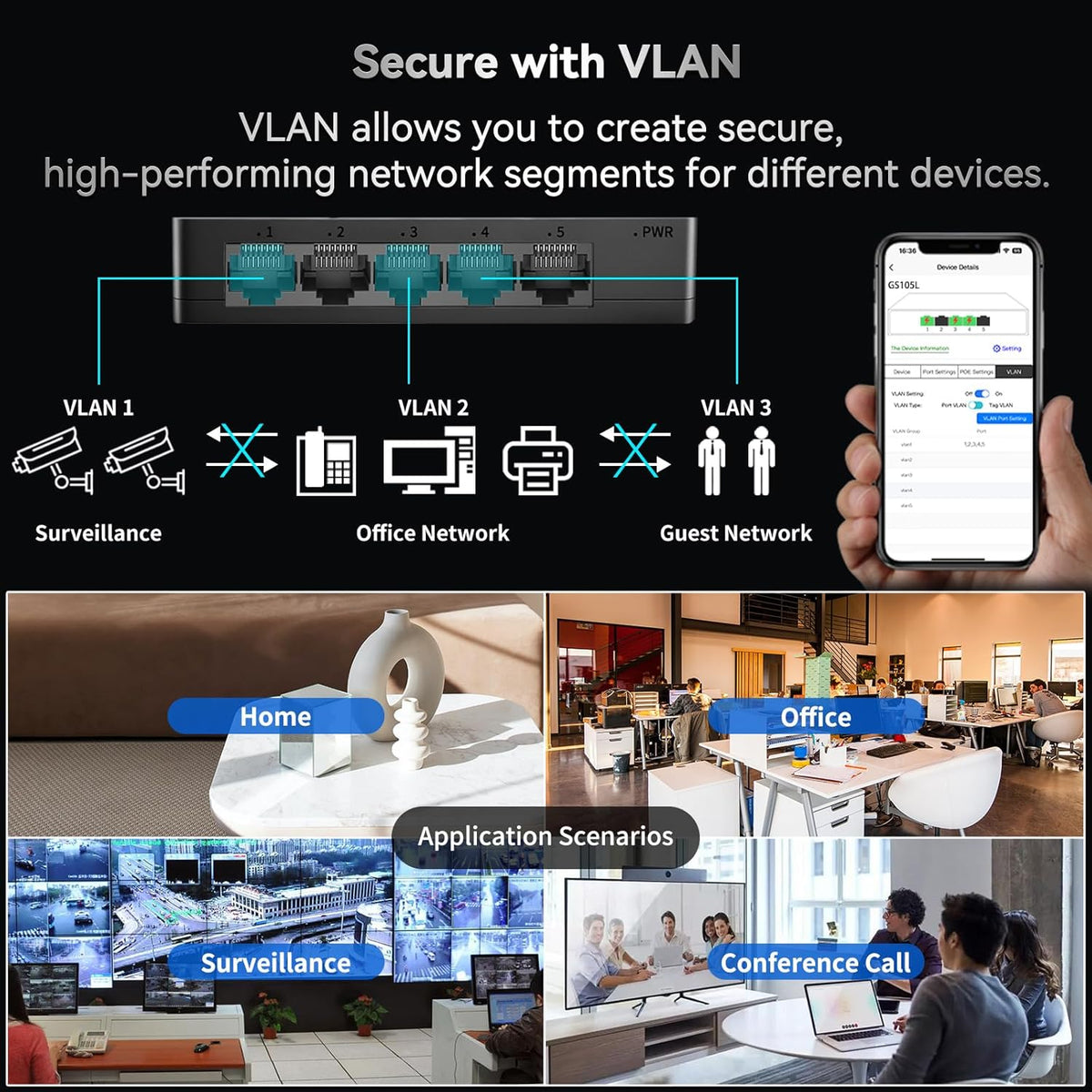 5 Port Easy Smart Managed Ethernet Switch Gigabit Switch, Network Hub, Ethernet Splitter, Plug & Play, VLAN, Qos, Desktop or Wall Mount