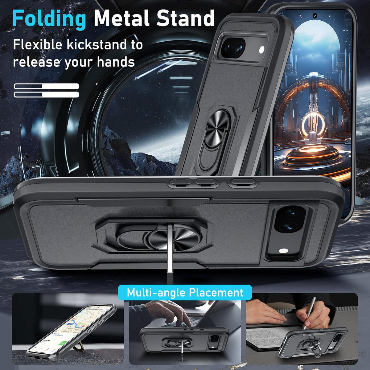 Shop Google Pixel 8a Case 2024: Heavy Duty Black Matte with Screen & Camera Lens Protectors, Rotatable Kickstand.