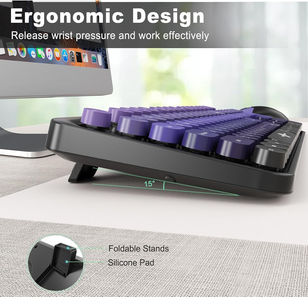 Wireless Keyboard and Mouse Combo, 104 Round Keys Cute Colorful Keyboard and Mouse with Retro Typewriter for PC/Mac/Laptop/Tablet/Computer/Windows Black Purple