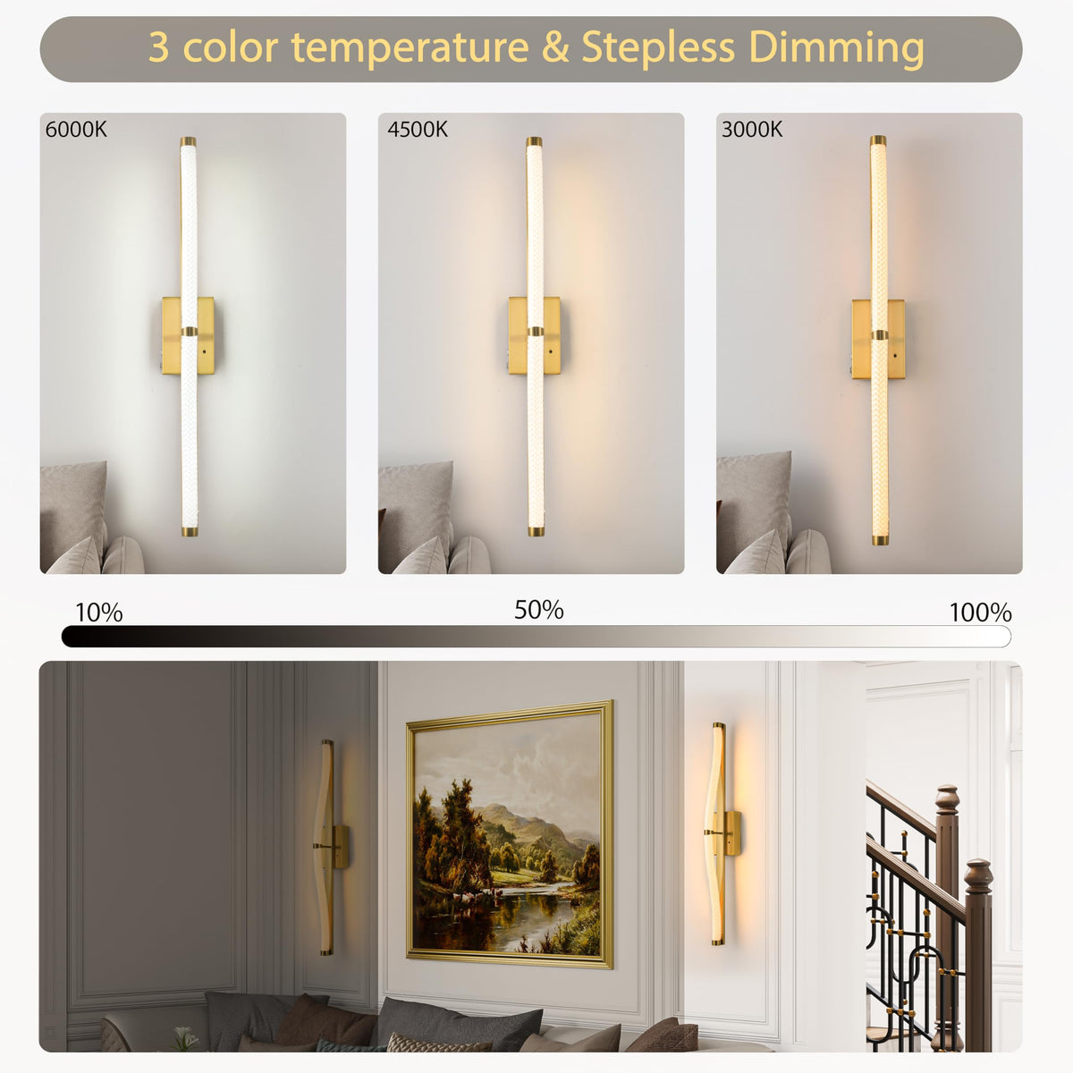 Lanxithen Gold Battery Operated Wall Sconces Set of 2, Rechargeable Wall Sconce with Remote, 3 Color Dimmable Sconces Wall Lighting, Wireless Wall
