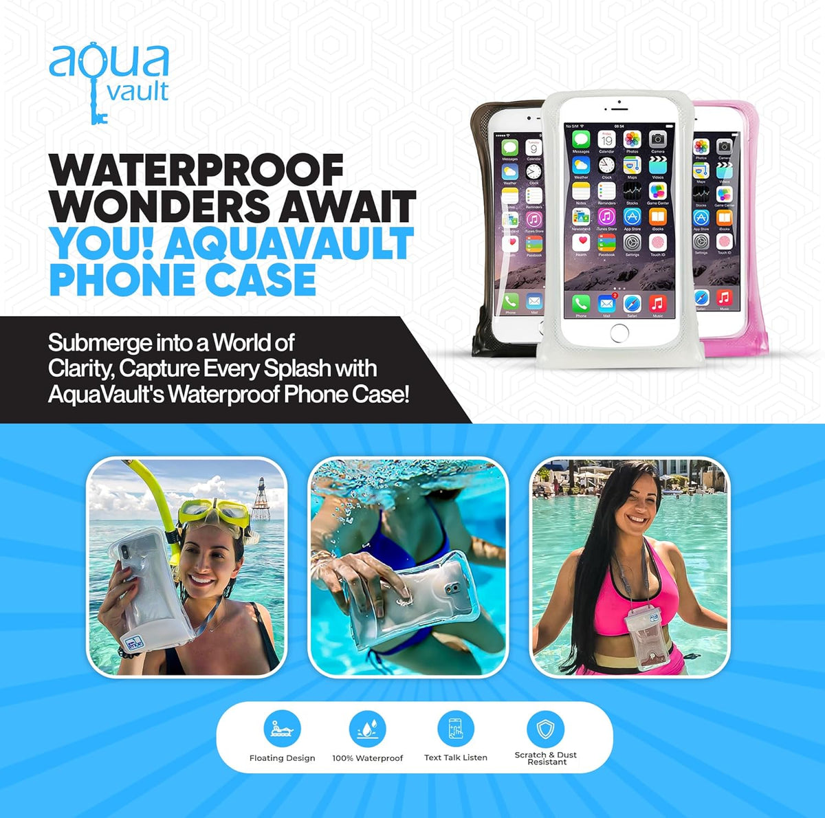 AquaVault 100% Waterproof Floating Smart Phone Case & Money Pouch - Fits All Phones - Made from Premium Heavy Duty PVC for Added Drop Protection - Includes Adjustable Neck Strap. Black