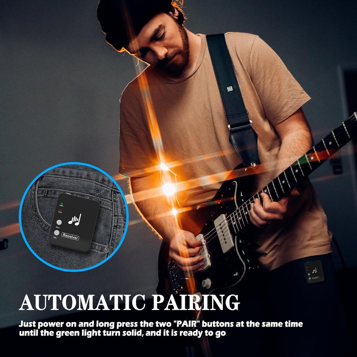 2.4GHz Wireless in Ear Monitor System, 24Bit/48K Mono Stereo Wireless IEM System with Transmitter Beltpack Receiver Auto Pairing, OTG USB Input, for Studio Band Live Performance
