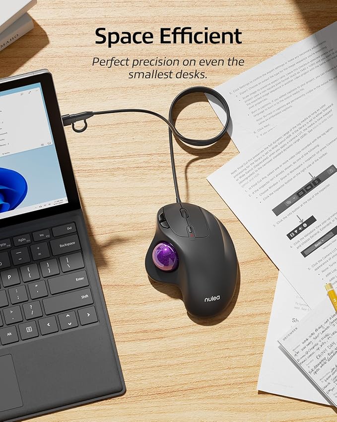 Nulea M509 Trackball Mouse Wired Ergonomic Design Easy Thumb Control Precise &amp Smooth Tracking 2-in-1 Interface (Type A &ampType C) Compatible for PC Laptop Mac Window(Purple).
