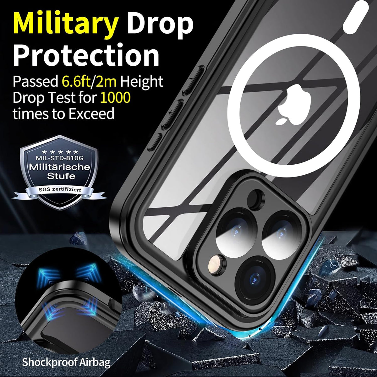 iPhone 15 Pro Case Waterproof, Built-in 9H Tempered Glass Screen Protector [Real 360][IP68 Underwater][15FT Military