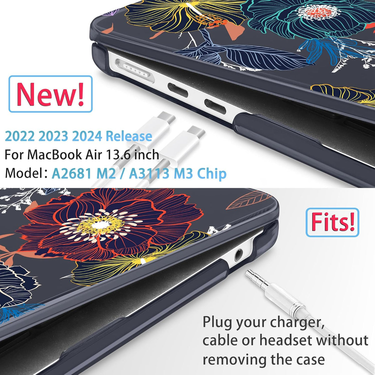 Mektron for 2025 M4 MacBook Air 13.6 Inch A3240 Case Fits 2023 A2681 M2 2024 A3113 M3 Chip with Liquid Retina Display Touch ID, Printed Plastic Hard Shell Cover for MacBook Air 13.6", Dahlia Flowers