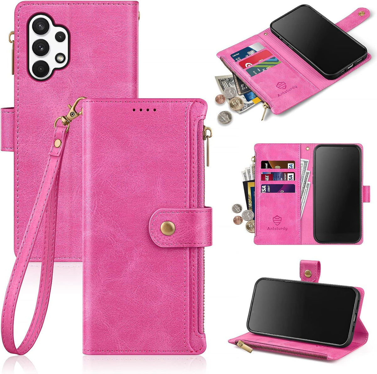 Antsturdy Wallet Case for Samsung Galaxy A32 5G - PU Leather Phone Case with Card Holder, Hot Pink