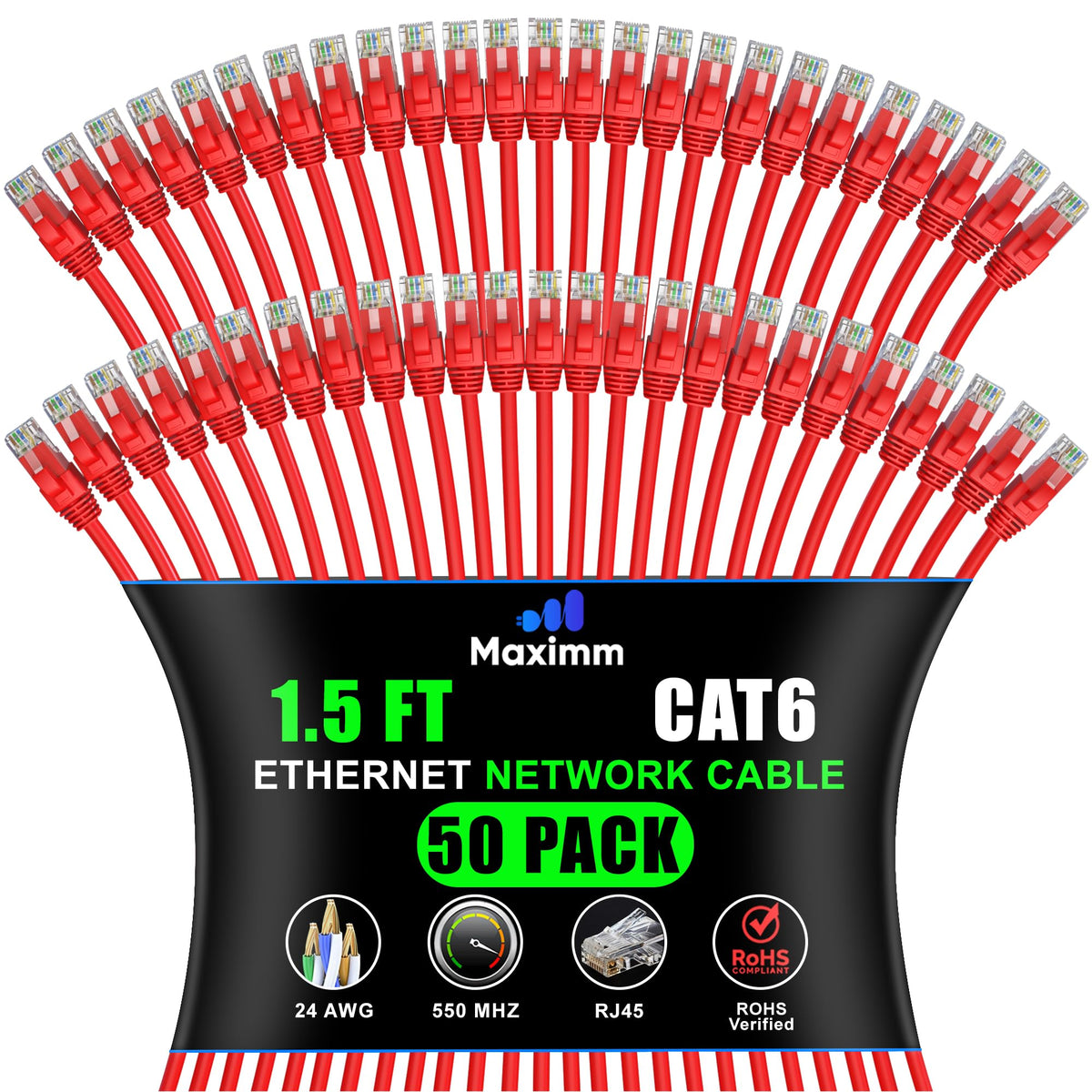Maximm Cat 6 Ethernet Cable 1.5 Ft, (50-Pack) Cat6 Cable, LAN Internet and Network - UTP (Red) 1.5 Feet