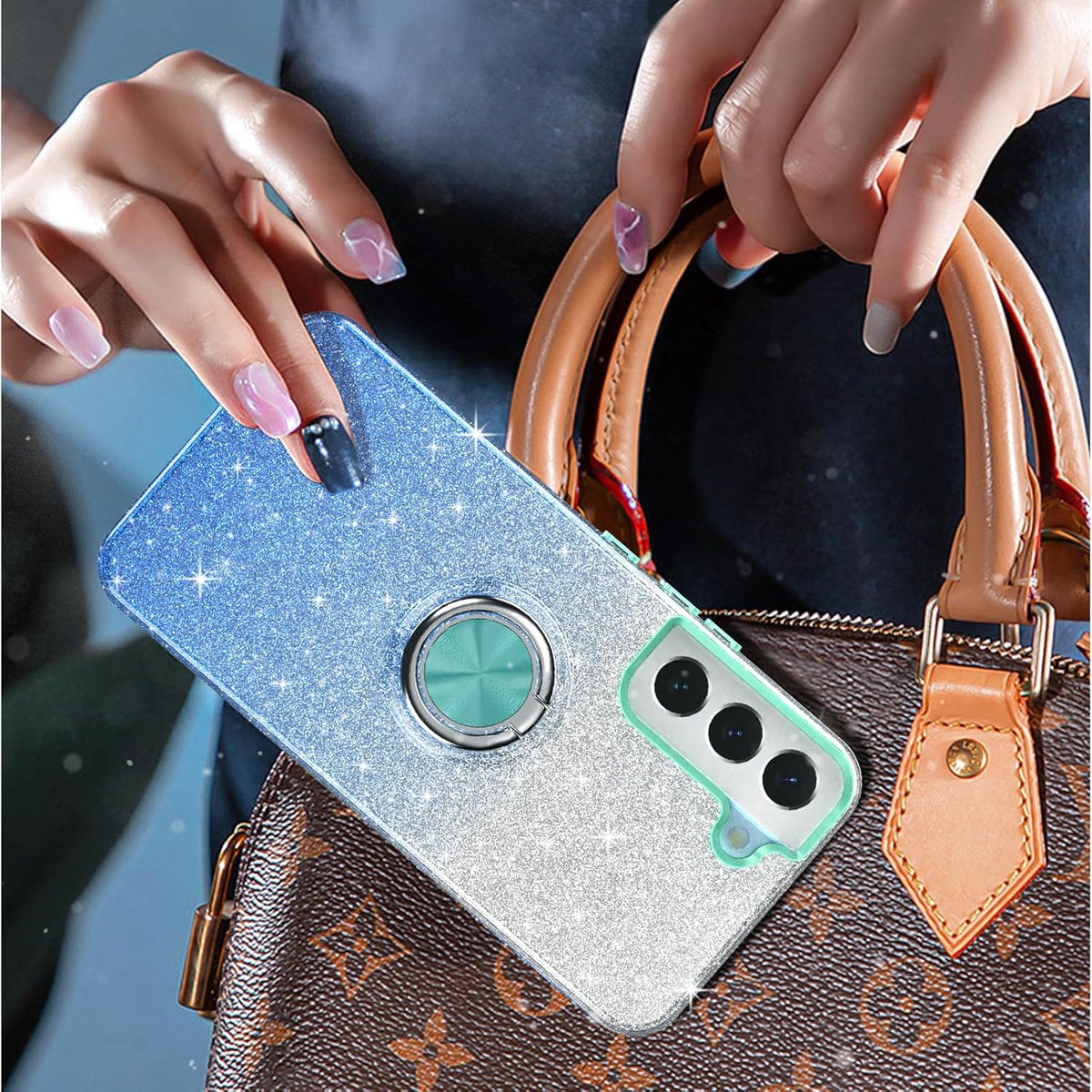 Galaxy S22 Case, Slim Fit Glitter Sparkly Cover with 360° Ring Holder Kickstand for Girls Women (Blue)