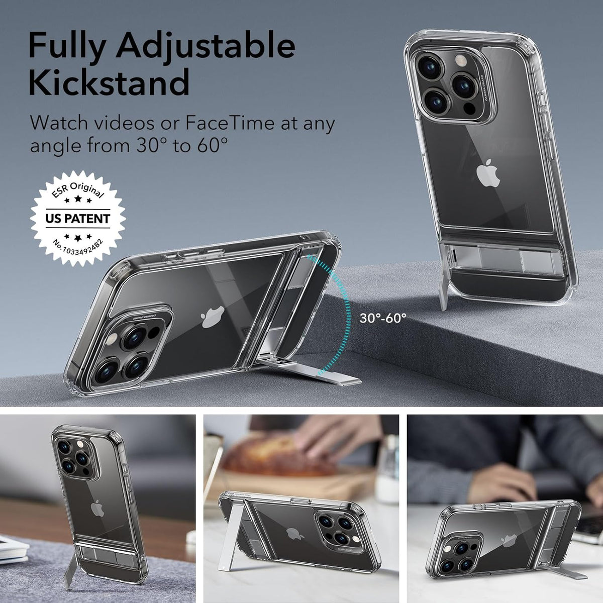 ESR Boost Series iPhone 15 Pro Case: Slim Clear Back, Metal Kickstand, 3 Stand Modes, Military-Grade Protection,