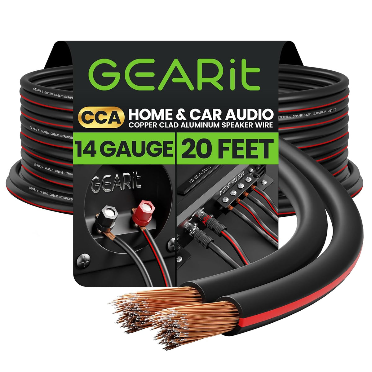 GEARit 14AWG Speaker Wire, Pro Series 14 Gauge Speaker Wire Cable (20 Feet / 6.09 Meters) Great Use for Home Theater Speakers and Car Speakers, Black