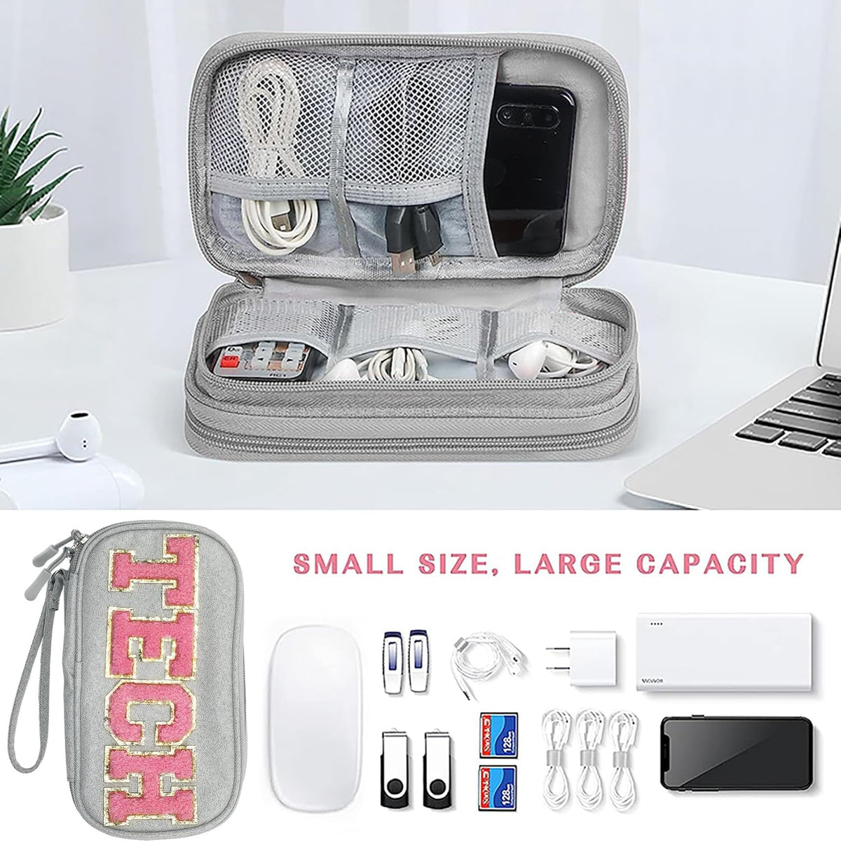 Electronics Accessories Organizer Bag | Compact Waterproof Case with Chenille Letter Patch TECH for Women