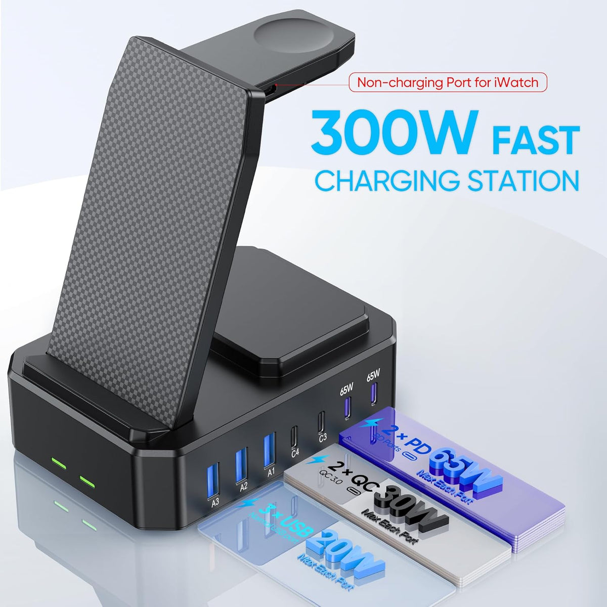 300W Charging Station for Multiple Devices Apple,10 in 1 Wireless Charger for iPhone,GaN III USB C 65W PD Fast Charging Stand Dock for MacBook,iWatch&Airpods (Wireless Charging Only for Apple)