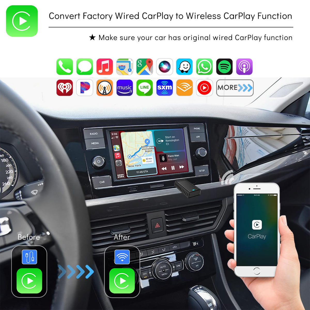 CarProKit Wireless CarPlay Android Auto Adapter USB Dongle for Apple iPhone Android Phone, Convert Original Wired to Wireless Connection, Plug & Play