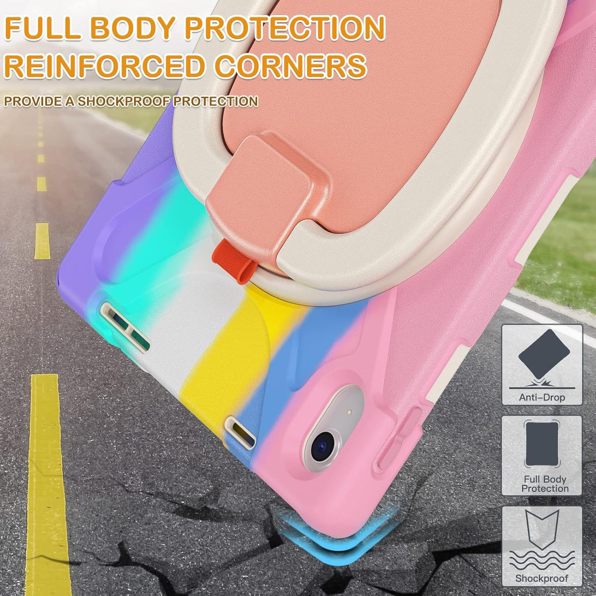 BRAECN Kids Case for iPad (A16) 11th/10th Generation 11”/10.9'' 2025/2022, Heavy Duty Rugged Silicone Cover with Screen Protector, Kickstand, Shoulder Strap, Pencil Holder & Ring Stand, Colorful Pink