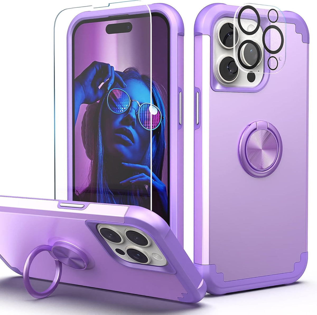 IDweel iPhone 13 Pro Max Case - Purple, 2-in-1 Shockproof with Screen Protector, 360° Ring Holder, Camera Lens