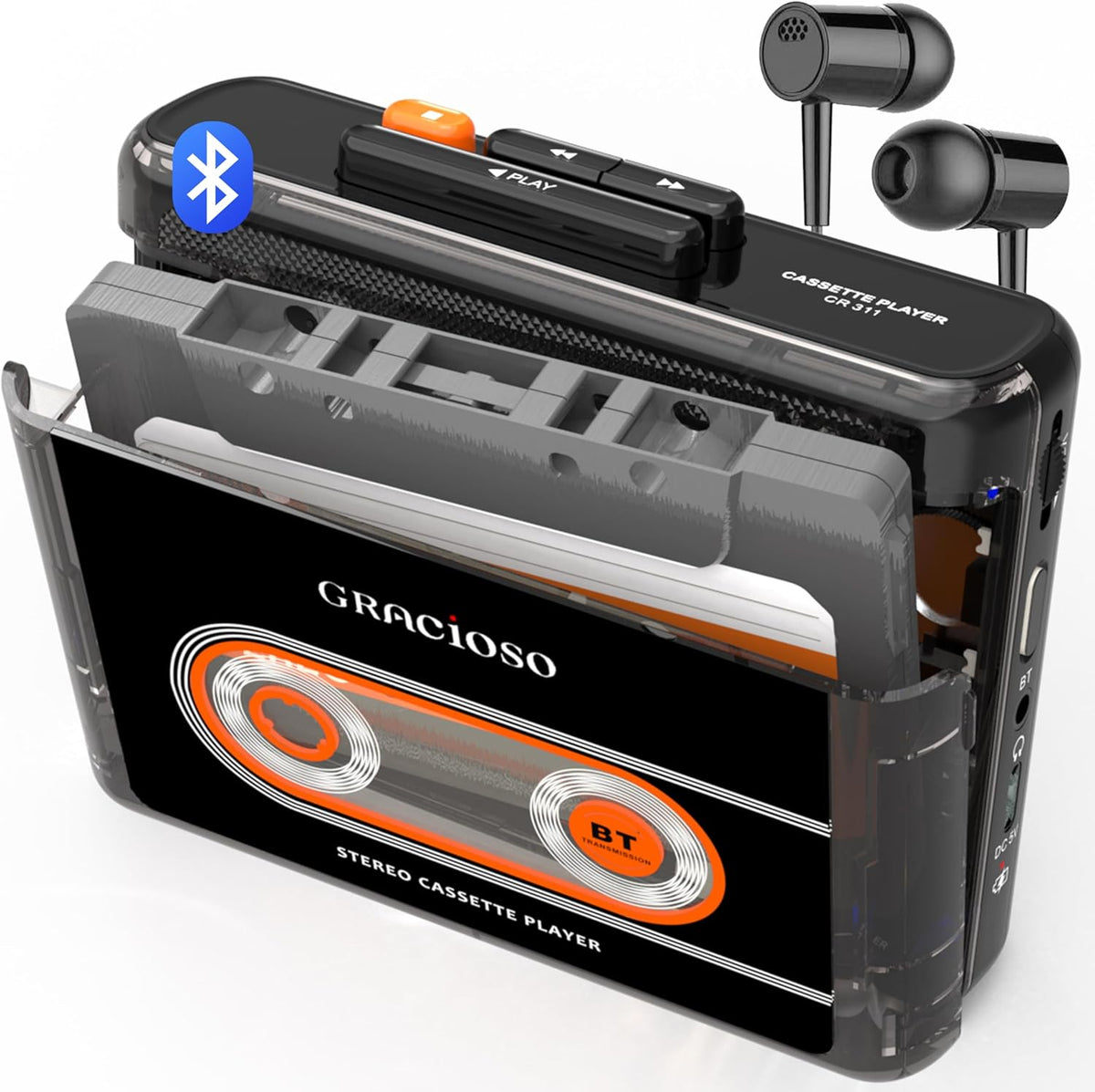 Gracioso Cassette 1100mAH Cassette Cassette Bluetooth Tape Player with Rechargeable Battery, Compact Vintage Player