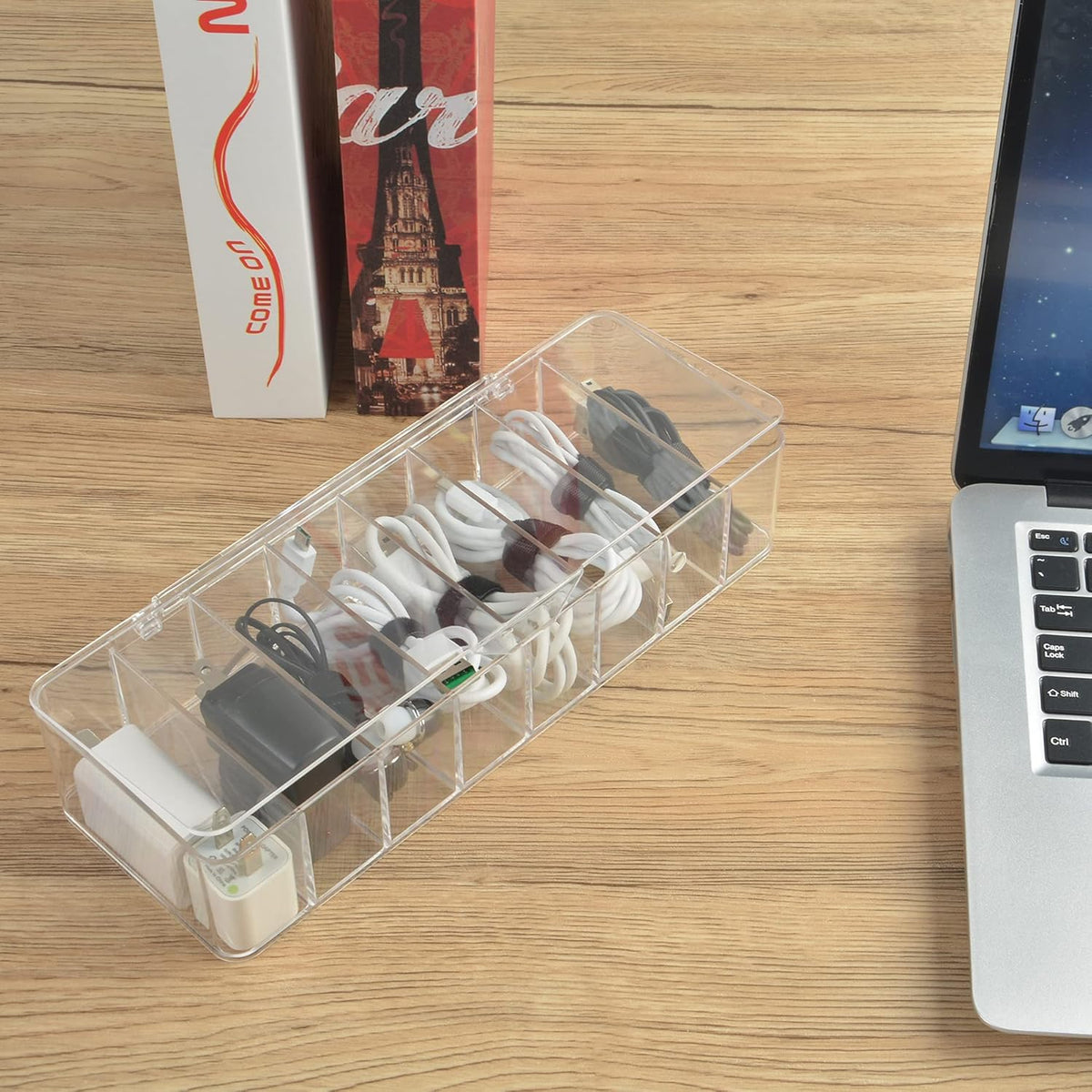 Electronics Organizer with 7 Sections, Clear Acrylic Cable Storage Bin Box, Includes 20 PCS Reusable Cable Ties (7