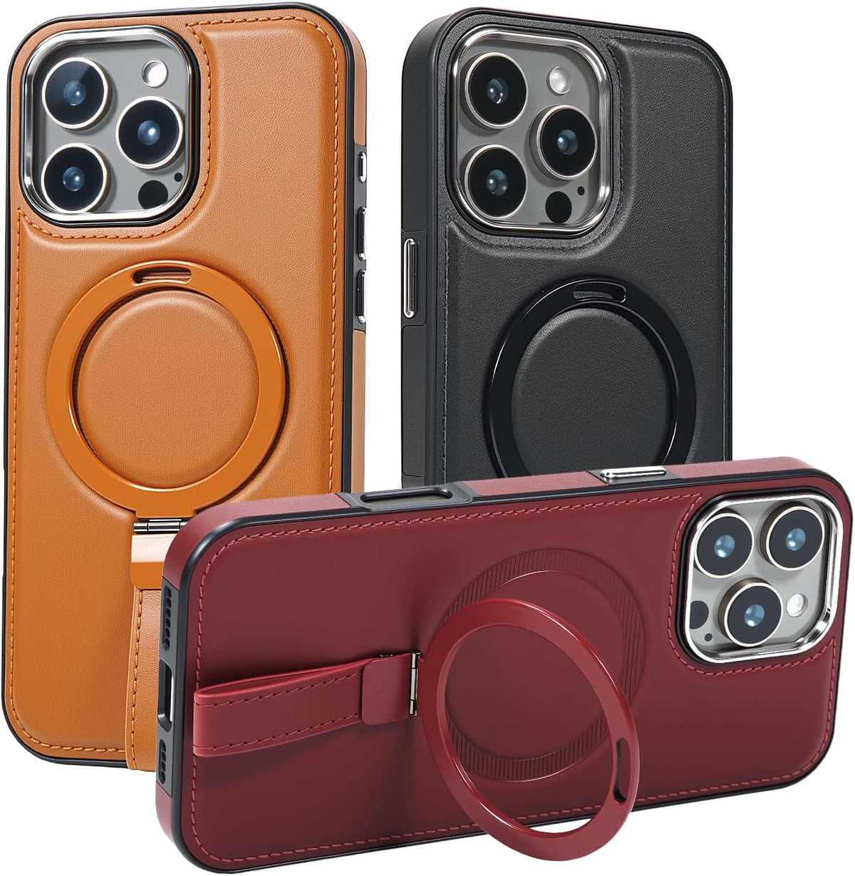 Leather Case, Suitable for iPhone 16 Pro Max Case, Invisible Magnetic Design, Equipped with a Lanyard and Foldable Stand, Black, Yellow and red (Red, iPhone 16 Pro Max)