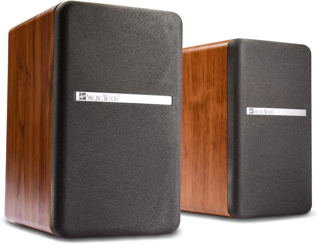 SINGING WOOD BT25 (2024 Version) Bluetooth Active Bookshelf Speakers for with Optical Aux inputs Subwoofer Line Out for PC, TVs, Turntable, Wooden Enclosure,80W - Beach Wood