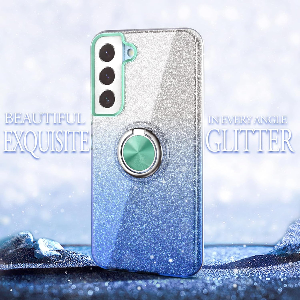 Galaxy S22 Case, Slim Fit Glitter Sparkly Cover with 360° Ring Holder Kickstand for Girls Women (Blue)