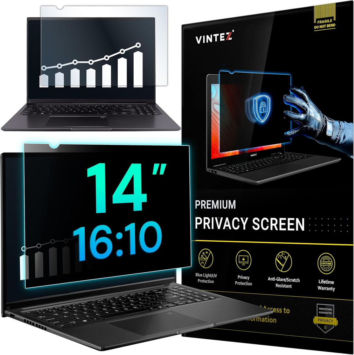 VINTEZ 14 Inch 16:10 Privacy Screen for Computer Monitor and Laptop - Anti Glare Protector Film Blue Light Filter Eye Protection - Computer Screen Privacy Shield, [1 Pack]