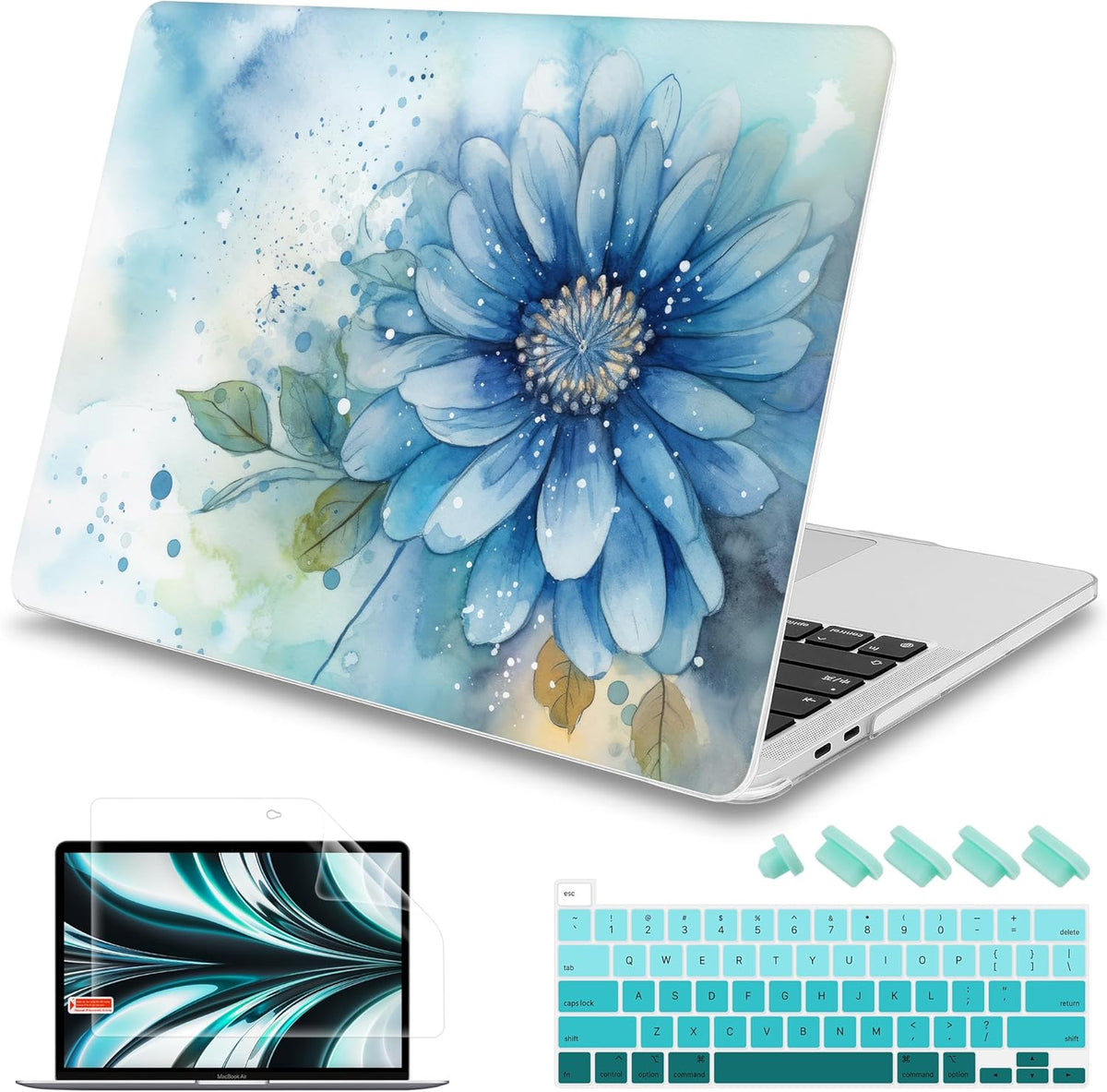 Mektron Designed Case for MacBook Pro 16 Inch A2141 Cover 2019 Release 16" with Liquid Retina Display/Touch ID, Plastic Hard Shell with Keyboard Skin & Screen Protector, Watercolor Blue Flower