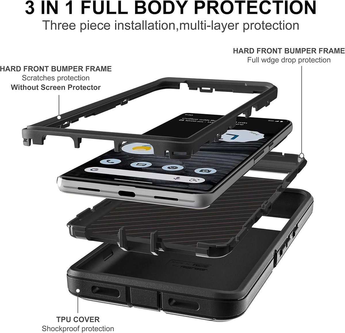 Shockproof Dust/Drop Proof Case for Pixel 7 Pro, 3-Layer Full Body Protection [without Screen Protector], Rugged Heavy