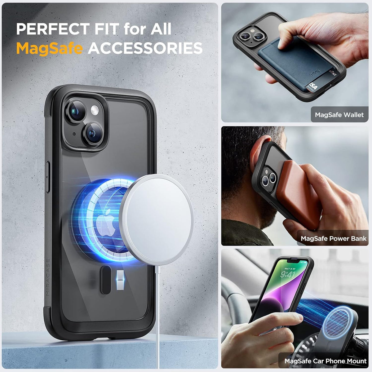 Miracase Glass Series Designed for iPhone 14 Plus Case 6.7 inch, 2023 Upgrade Full-Body Magnetic Clear Case with Built-in 9H Tempered Glass Screen Protector,Compatible with MagSafe,Black