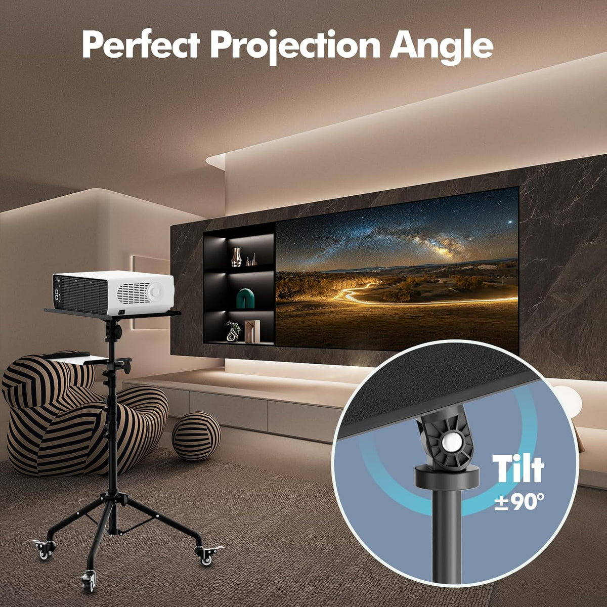 Projector Tripod Stand with Wheels, Portable Laptop Floor Support with Mouse Tray & Bag, Height Adjustable 26 to 49 Inch with Gooseneck Phone Holder for Office, Home, DJ Racks