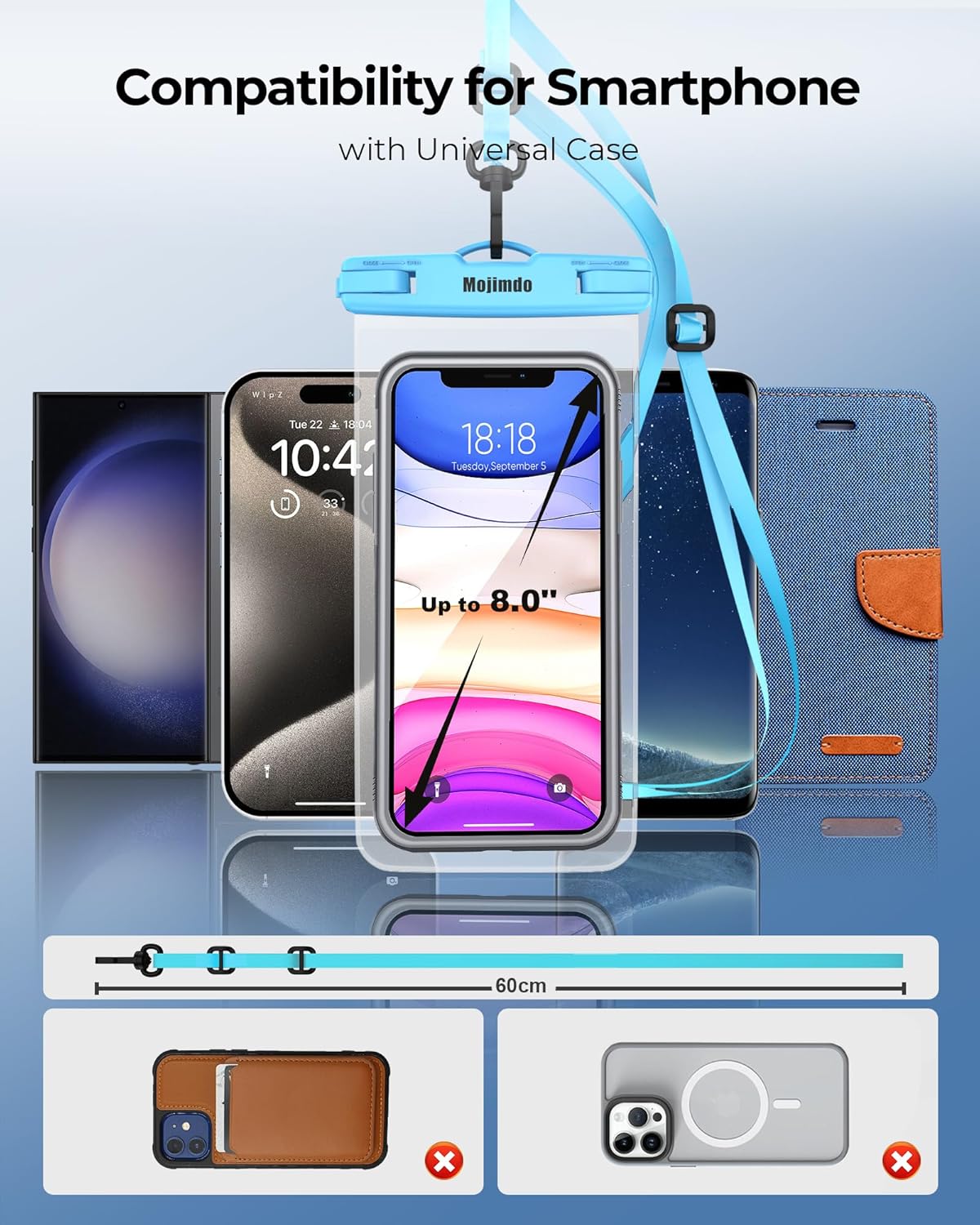 Waterproof Phone Pouch 8'', IPX8 Case with Lanyard for iPhone 15 14 13 12 11 Pro Max, 2 Pack/Blue