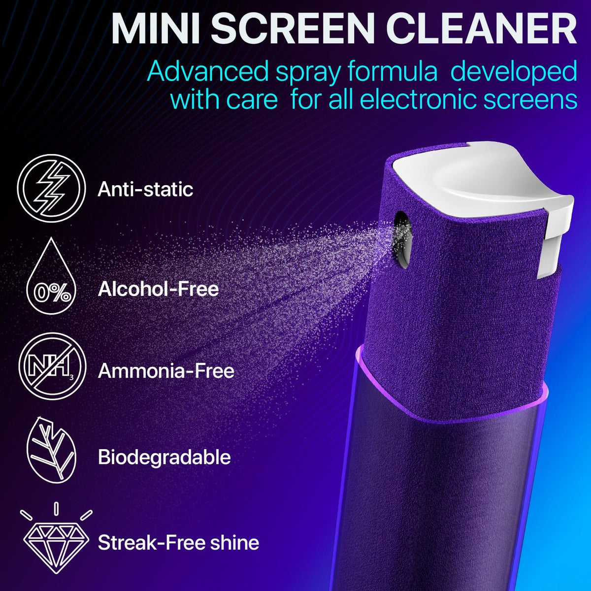 Mini Screen Cleaner Spray – Finger Proof Screen Cleaner for Smartphones, iPads, MacBooks, Laptops, Car Screens, Touchscreens – 3in1 Mist Cleaner, Microfiber Cloth and Protective Cover -Purple