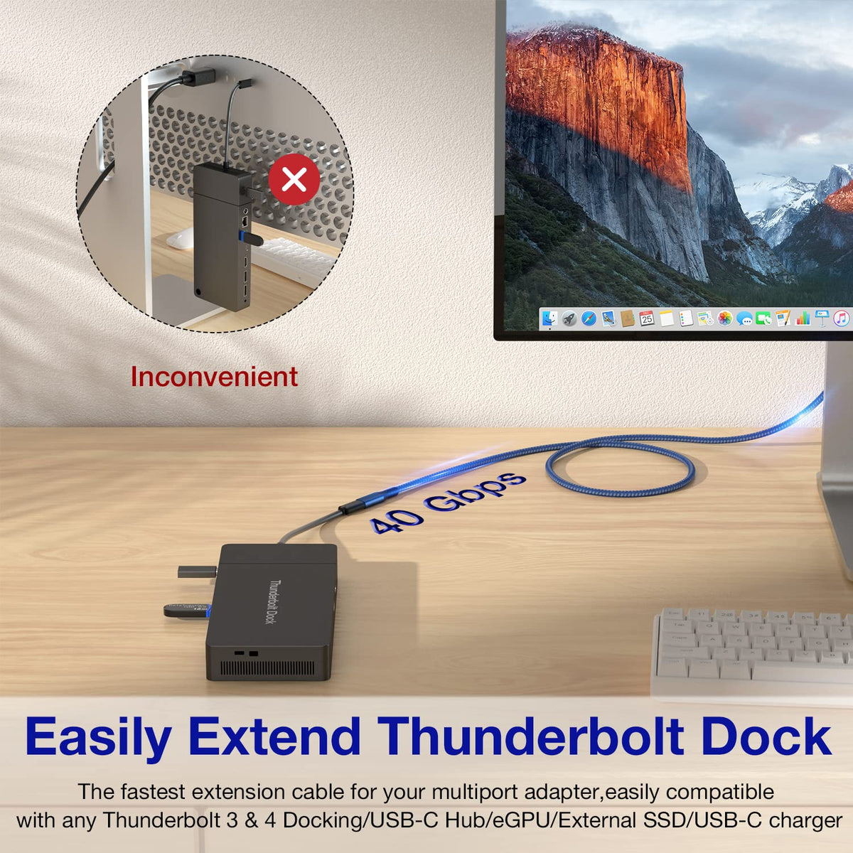 USB4 Extension Cable 2.62Ft, Thunderbolt 3 & 4 Extension Cable, USB C 4.0 Support PD 100W 20V5A, 40Gbps Transfer, 8K@60Hz, 6K/4K@60Hz Video for Dell/HP/Anker Dock, MacBook, iMac, Dell XPS, Intel NUC