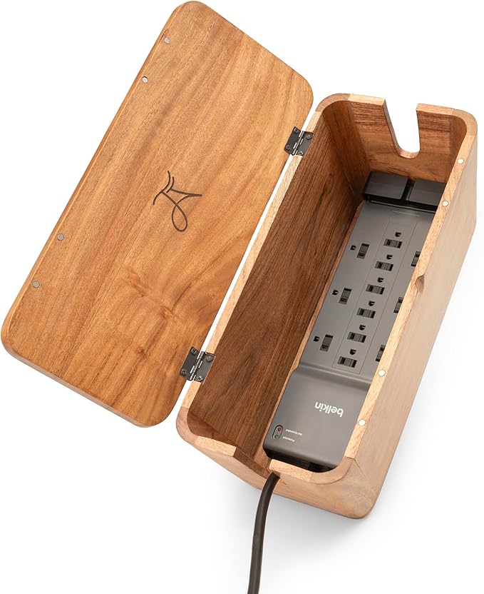 Large Cable Management Box - Acacia Wood - Cable Organizer Box and Power Strip Box for Electrical Cord Management - Hide Desk Cord and Floor Cables - Wire Storage and Organization for Cords