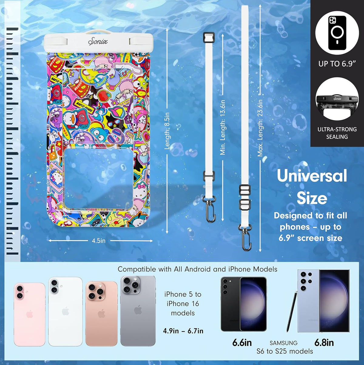 Sonix x Sanrio Waterproof Phone Pouch - Floating Phone Case Dry Bag w/Crossbody Lanyard - Beach Cruise Travel Essentials - Compatible w/All Devices, Touchscreen Friendly | Hello Kitty Stickers
