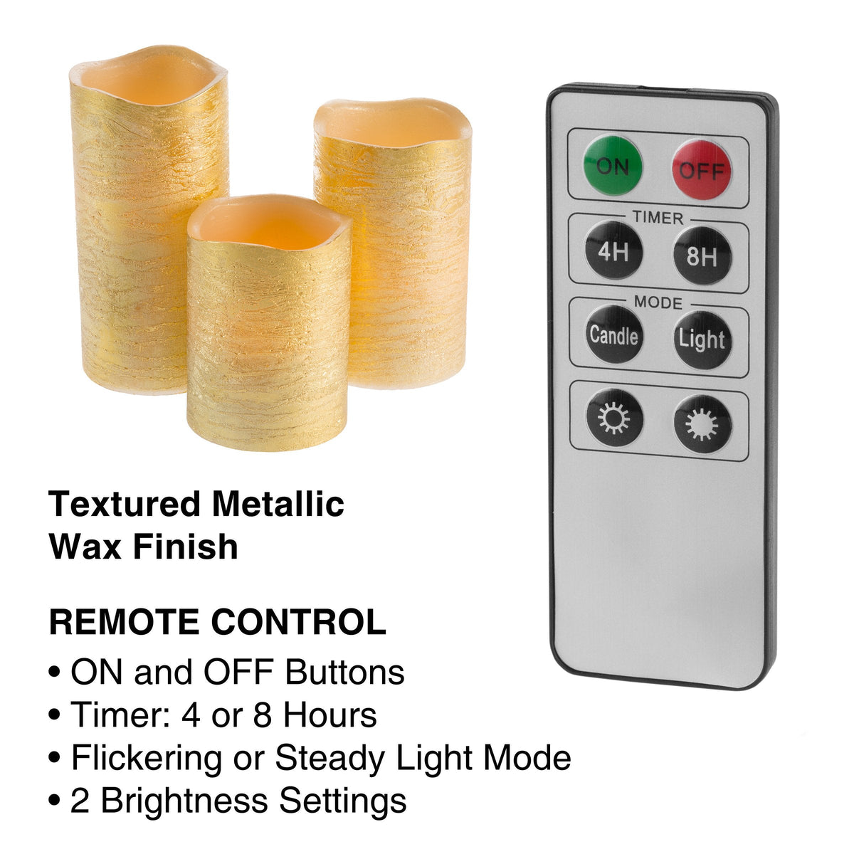 Lavish Home 80-Fc1004 Flameless LED Set of 3 Real Wax Battery Powered Pillar Candles with Remote, Timer and Distressed Gold Metallic Finish, Metallic
