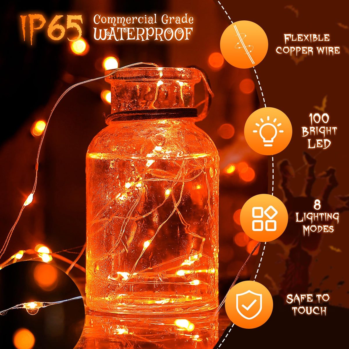 ?oohaha Solar Halloween Lights Outdoor,2 Pack Each 33Ft 100LED Orange Halloween Lights,Copper Wire Solar Powered Fairy String Lights 8 Modes