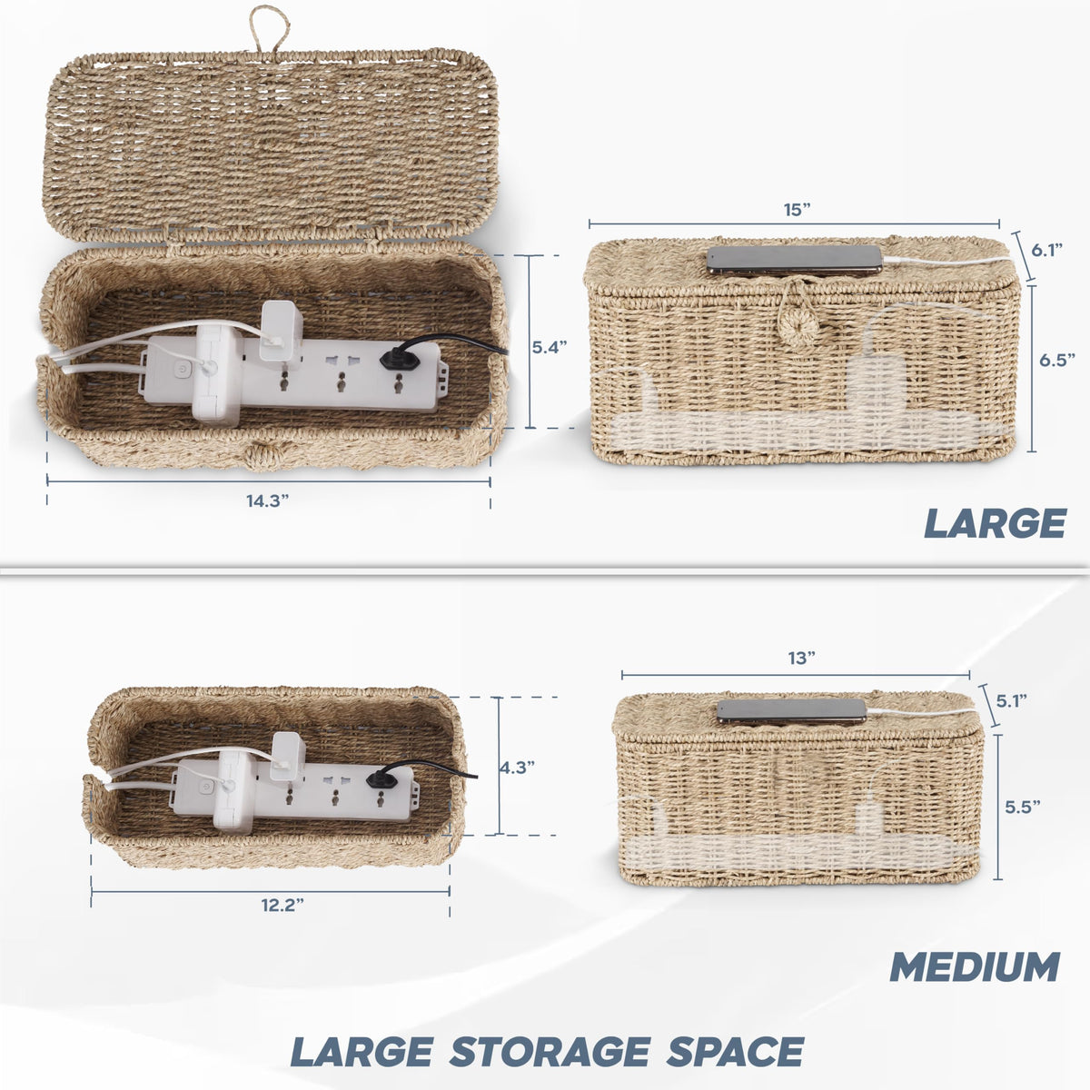 2-Pack Large Cable Management Box, Natural Rattan Cable Cord Organizer Boxes for Power Strip – 2 Open Slots Cords Hider Box for TV Wires, Computer, Router, USB Hub and Under Desk Power Strip