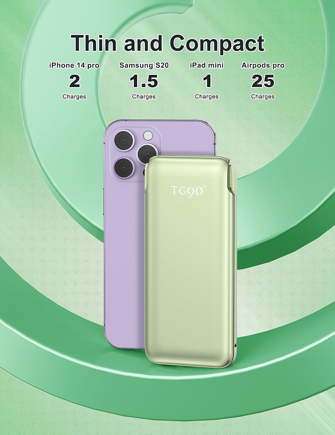 TG90° 10000mah Portable Charger with Built in Cables and AC Wall Plug, Compact Power Bank Portable Phone Charger Battery Pack Compatible with iPhone Android Smart Devices