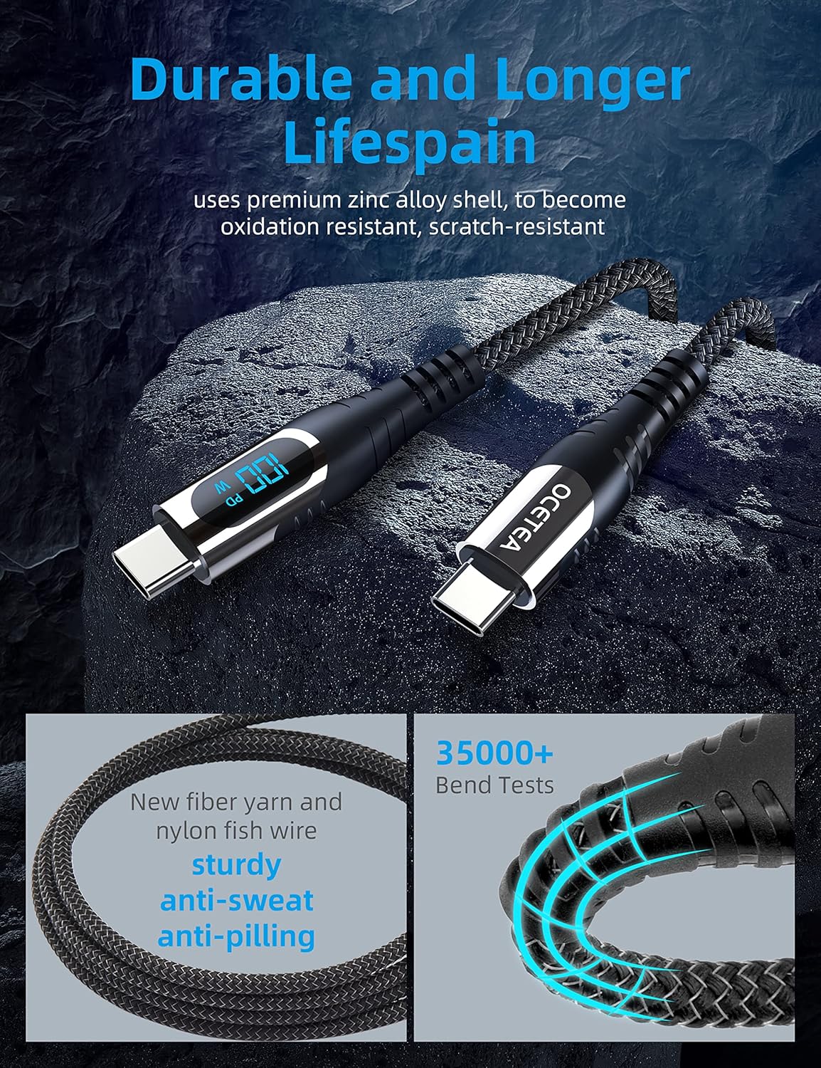 10ft Long USB C to USB C Cable (100W 5A) with LED Display, Fast Charging for iPhone 15, MacBook, Galaxy S23, Pixel.