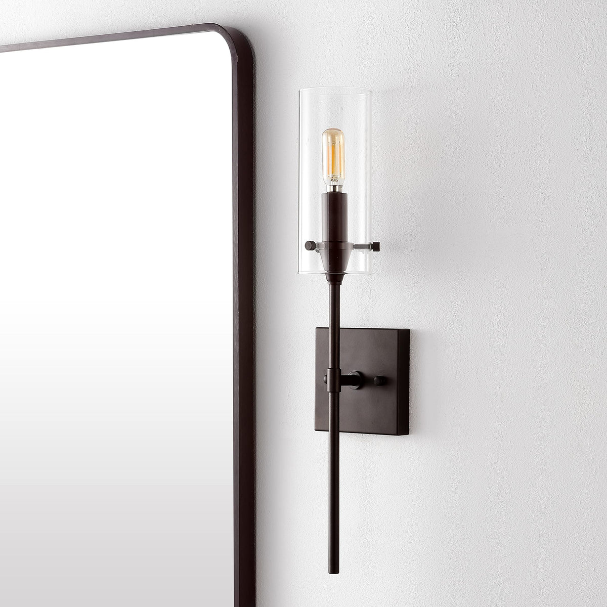 JONATHAN Y 4.5" Oil Rubbed Bronze Modern Farmhouse LED Vanity Light Sconce, Clear Glass Cylinder Shade, Wall Lamp for Bathroom Mirror Hallway