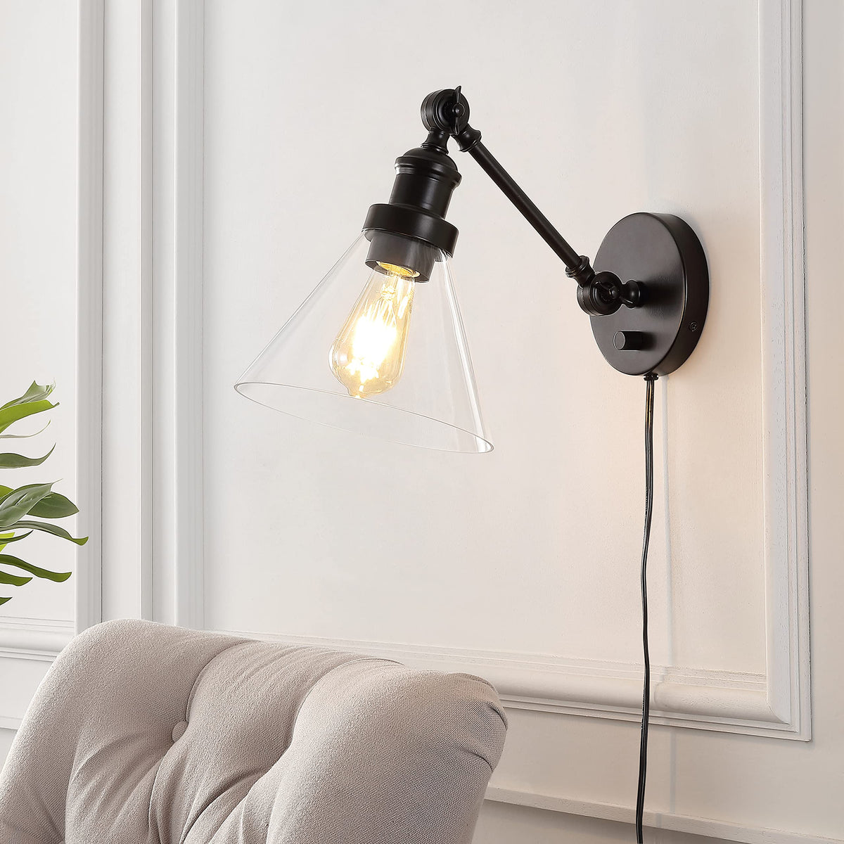 JONATHAN Y 8" Oil Rubbed Bronze Adjustable LED Wall Sconce, Plug-in Wall Lamp with Dimmer Switch, Clear Glass Shade for Bedroom Living Room Kitchen