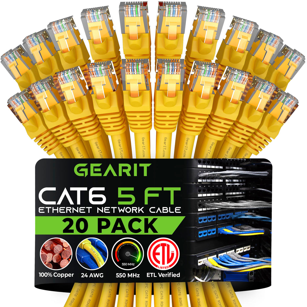 GEARit Cat 6 Ethernet Patch Cable 5 ft Yellow (20 Pack) Cat6 Patch Cables 5ft Yellow/Ethernet Patch Cable, 10Gbps 550MHz 24AWG P