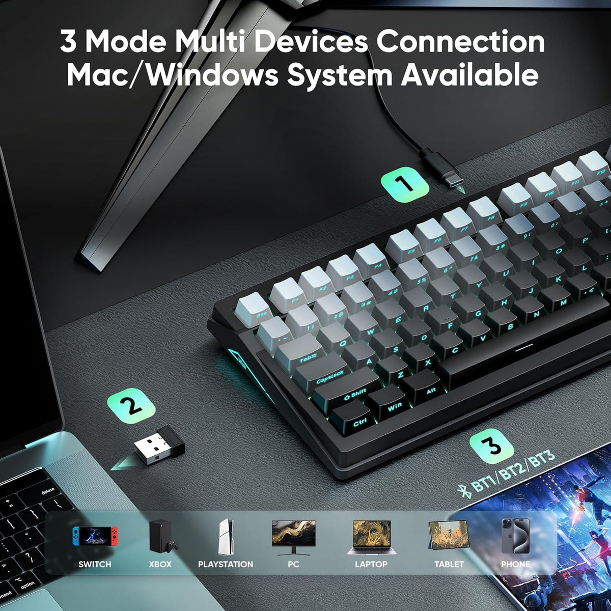 RedThunder K95 Wireless Mechanical Keyboard,TFT Screen & Knob, Trip-Modes Connection, Gasket Custom Hot-Swap Keyboard, RGB Backlit, Pre-lubed Linear Switches, Side Printed PBT Keycaps, Gray Gradient