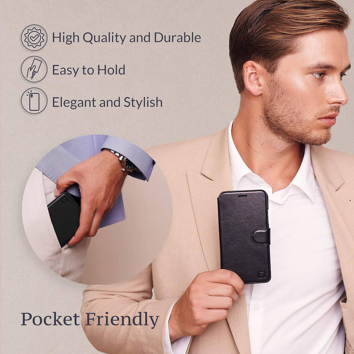LUPA Legacy Wallet Case Compatible with iPhone 12 for Women & Men, Slim Durable Faux Leather Flip Cover, Black