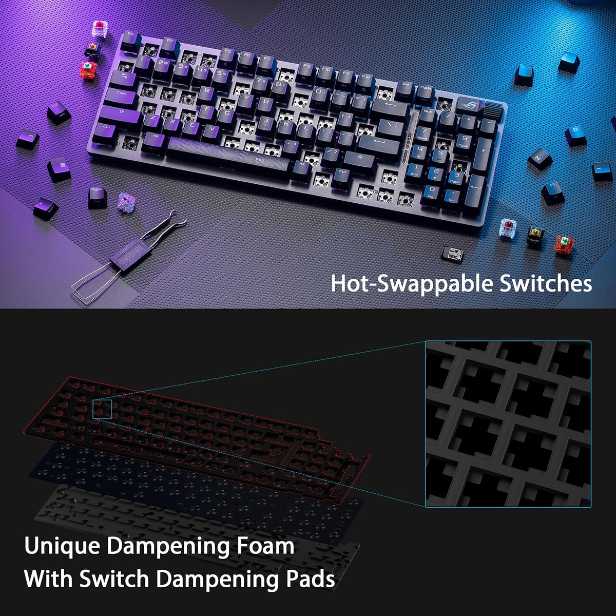 ASUS ROG Strix Scope II 96 Wireless Gaming Keyboard, Tri-Mode Connection, Dampening Foam & Switch-Dampening Pads, Hot-Swappable Pre-lubed ROG NX Storm Switches, PBT Keycaps, RGB-Black