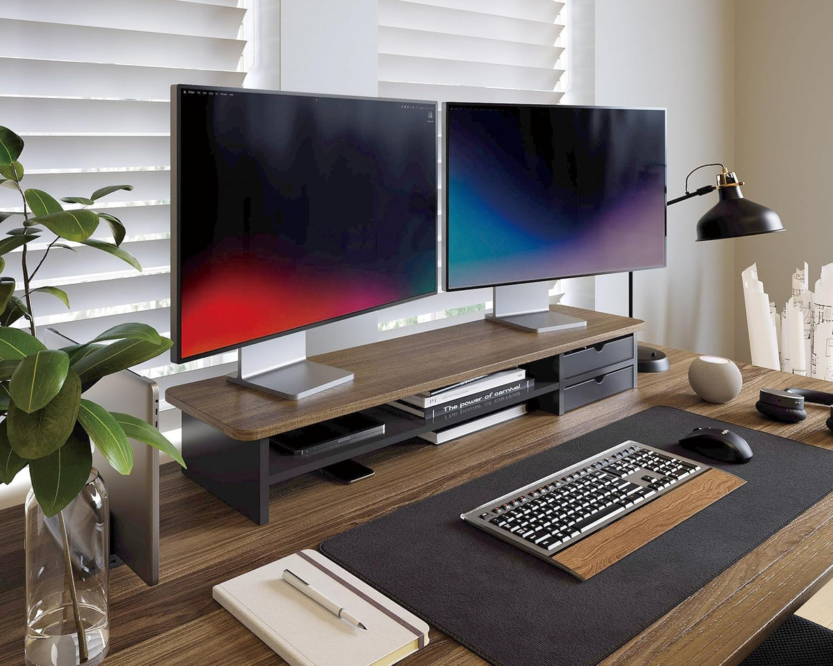 Fenge Monitor Stand, Dual Monitor Riser, 42.5inch Large Desk Computer Monitor Stand Riser with Drawer, 2 Tier Wood & Acrylic Desktop Organizer for Computer, Laptop, Printer, TV Screen Riser