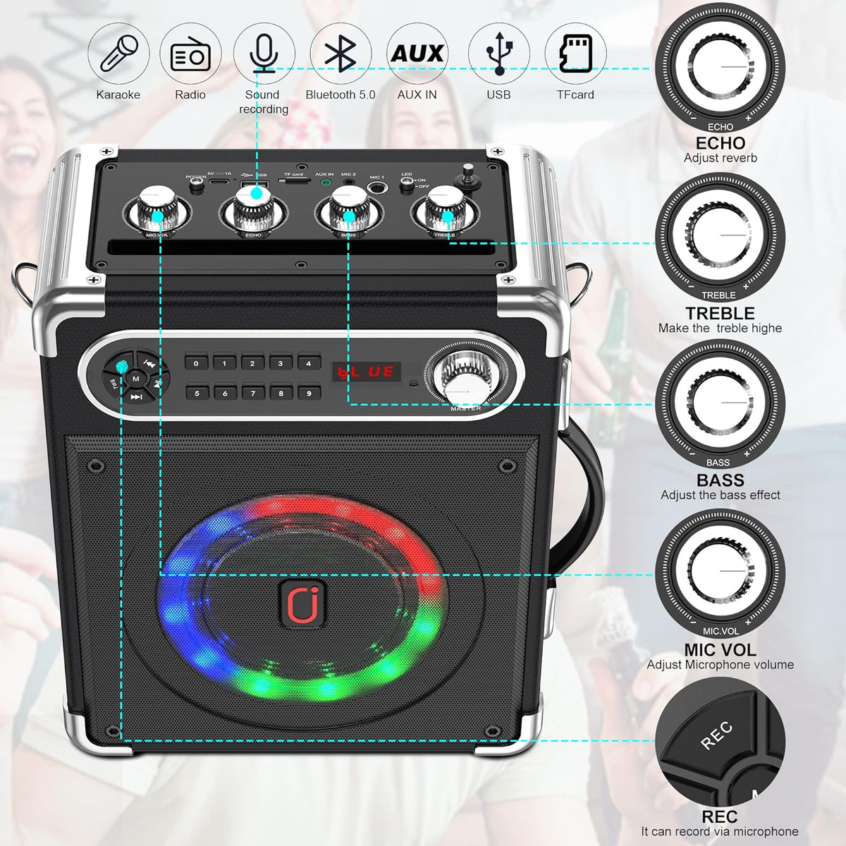 Bluetooth Speaker with Two Wireless Microphones, Outdoor Speaker with Subwoofer/Tweeter, Portable PA Speaker System with Remote Control, Discol Lights, FM, REC for Home, Party
