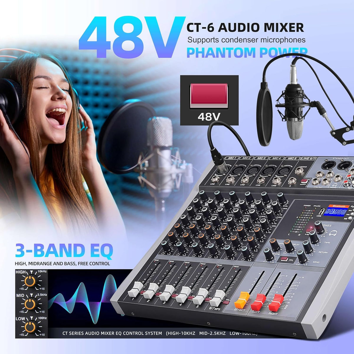 Professional Audio Mixer Sound Board 6 Channel Audio Desk System Interface Digital DJ Console with Bluetooth USB Sound Audio Mixing Console for Karaoke Studio Party Recording Broadcast (CT-6)
