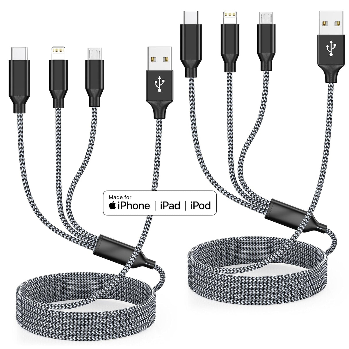 Multi Charging Cord 4ft, 2Pack Nylon Braided Apple MFi Certified iPhone Charger, 3 in 1 Lightning Cable
