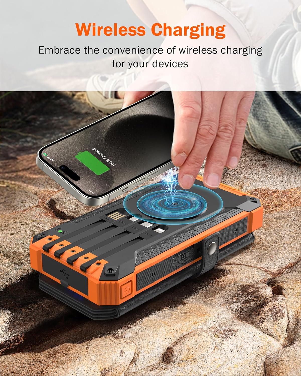 GOODaaa Power Bank Wireless Charger 36800mAh Solar Charger with Five Solar Panels Built-in Four Cable Five Outputs Portable Power Bank for Cell Phone with Dual Flashlights, Carabiner
